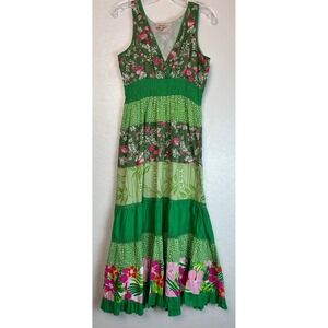 Magic Womens XL Green Floral Patchwork Cotton Tiered Smocked Maxi Dress 2208